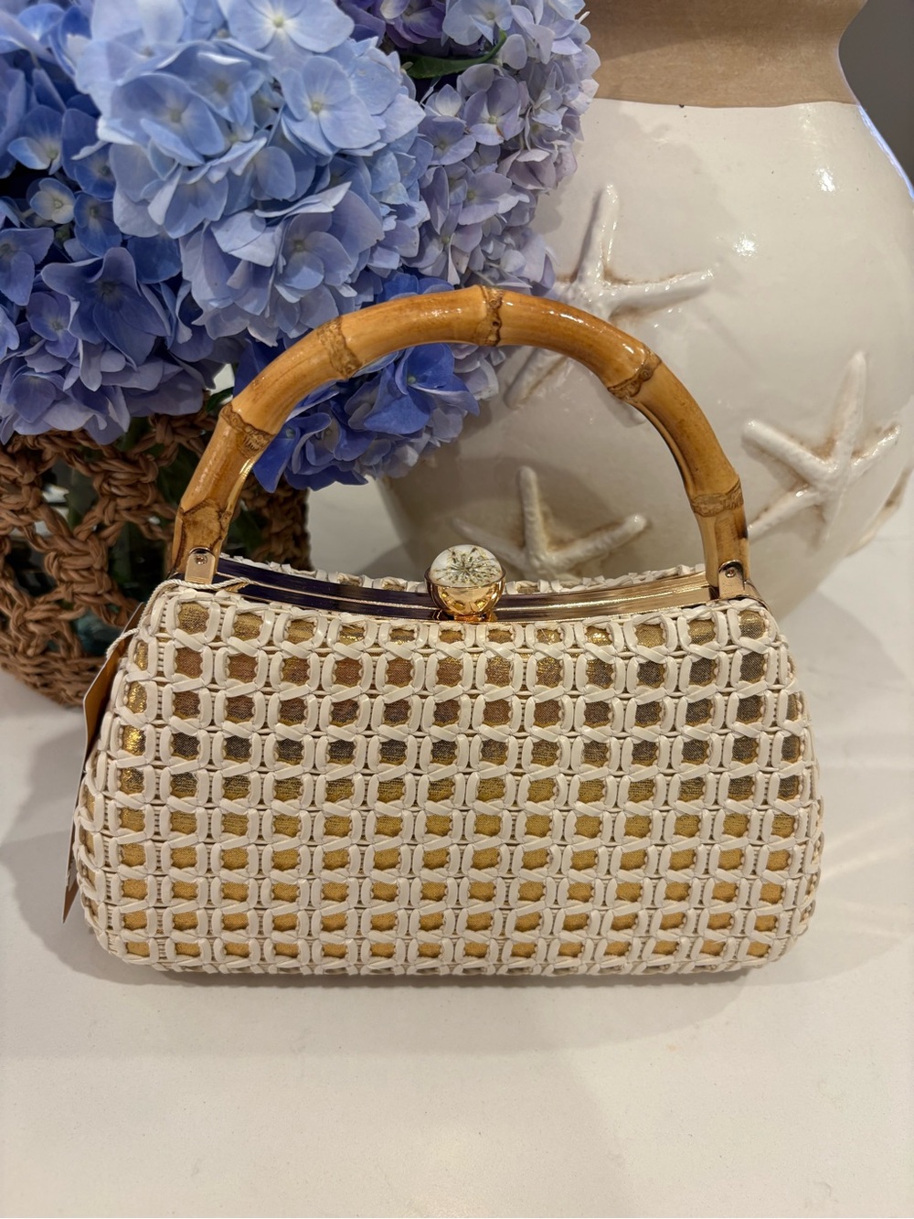 Tommy Bahama White & Gold Woven Clutch with Bamboo Handle